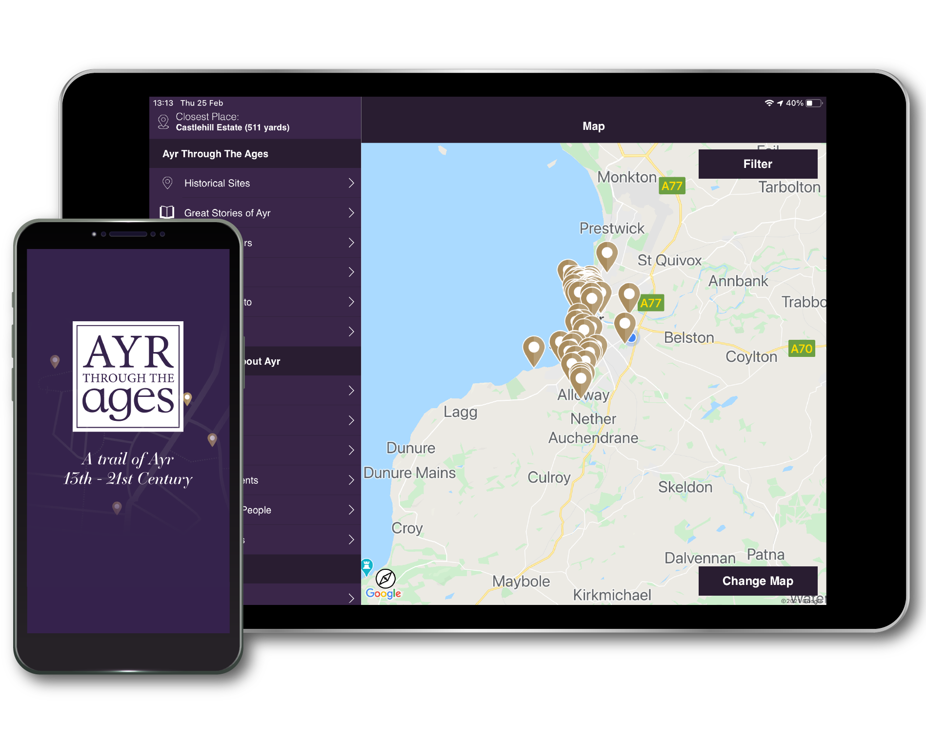 Smart phone and tablet showcasing the Ayr Through The Ages app screens