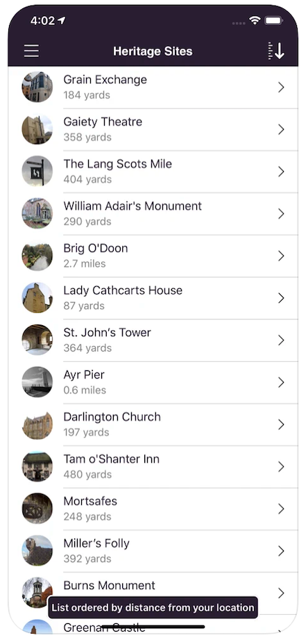 A list of Heritage sites on the app
